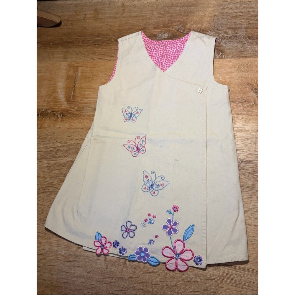 Vintage Cotton Khaki Girls Butterfly & Flower Embroidered Jumper Wrap Dress